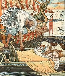 Children of Qu Blondine & Princess Brunette picked up by a Corsair from  the tale Princess Belle-Etoile illus W Crane
